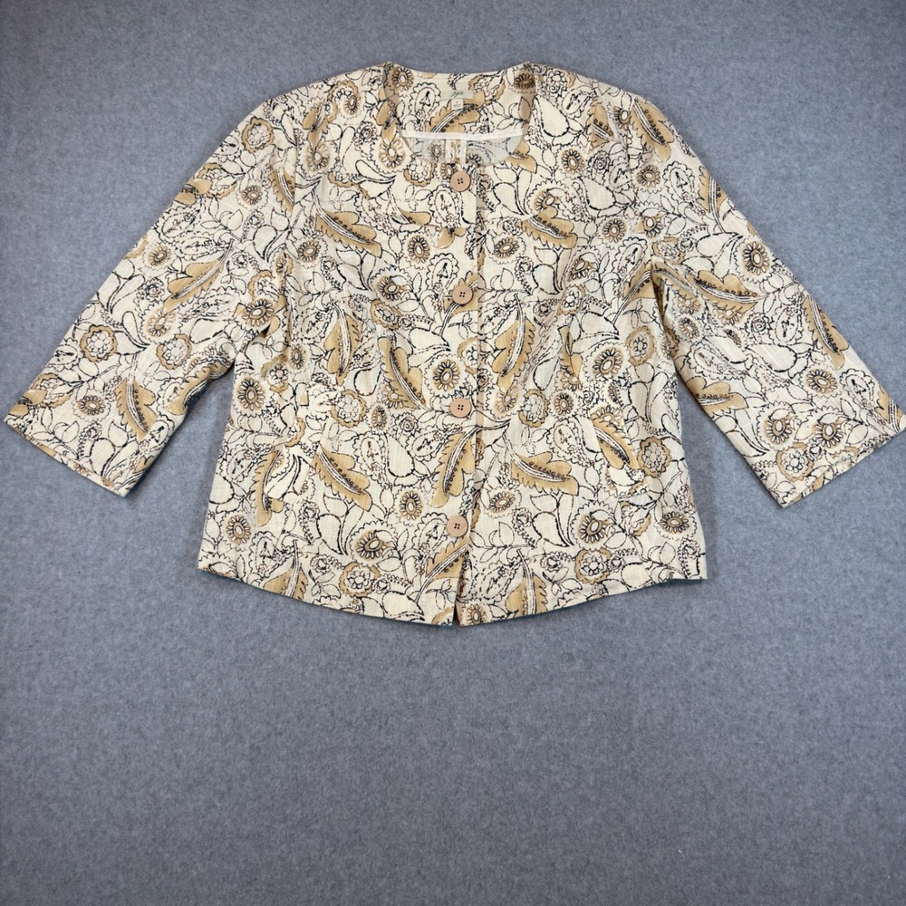 J. Jill Jacket Womens L Beige Paisley Floral Linen Blend Button Up Blazer Boho